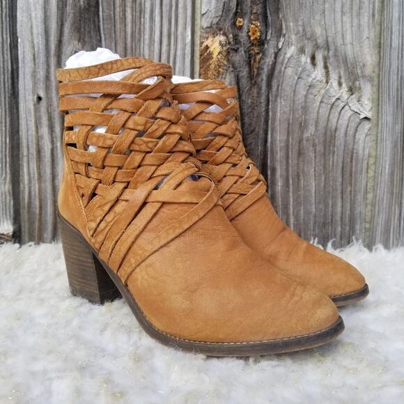 Strappy Western Bootie Free People Carerra Size EU 41 US 11 Tan Leather Woven - Picture 1 of 16